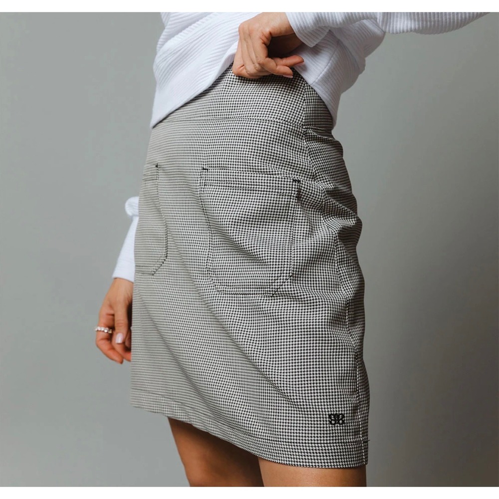 Albion Fit Canvas Skirt Houndstooth Mini Skirt XS Black White Front Pockets Work